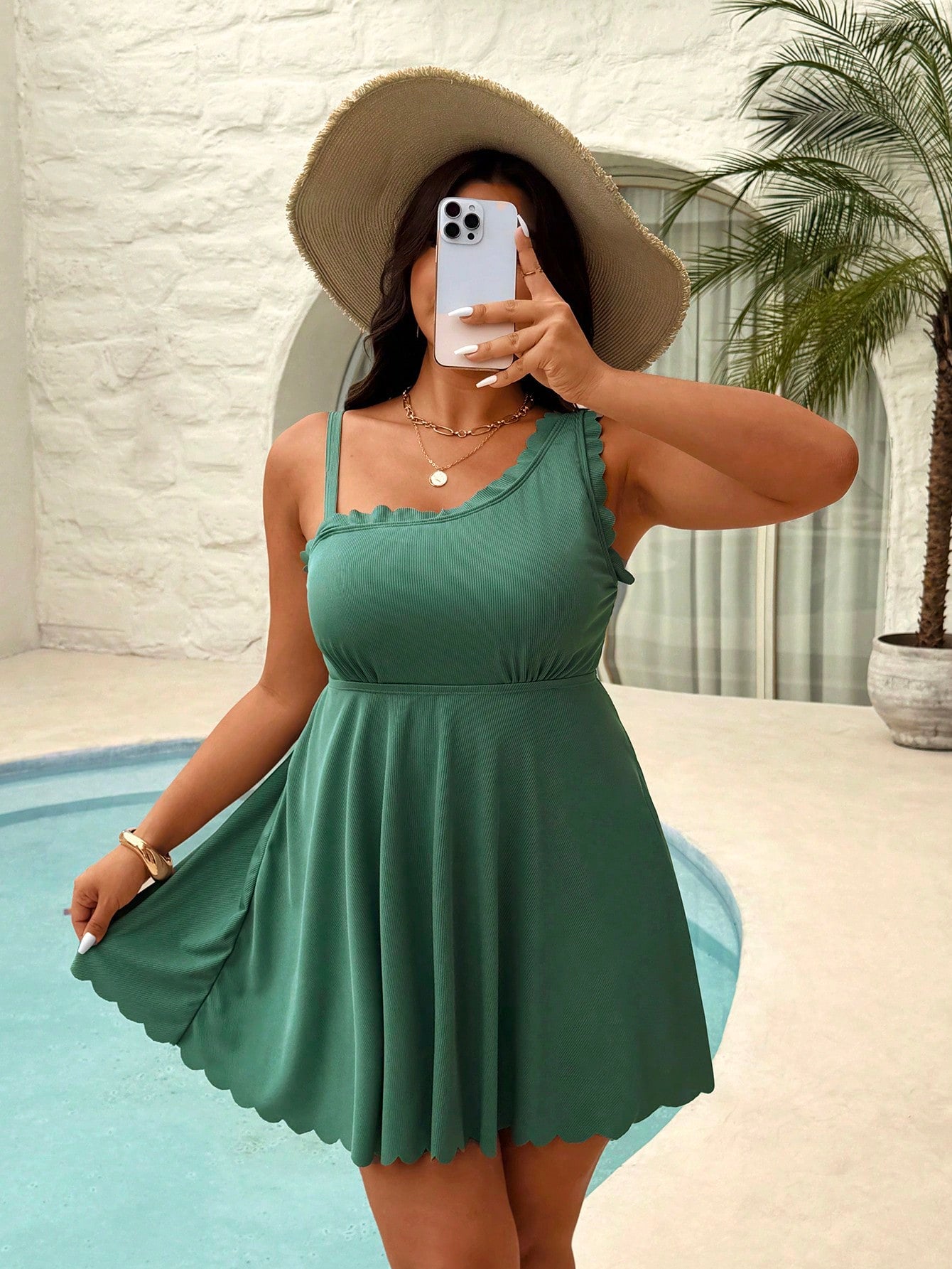 Swim Vcay Plus Size Women Solid Color Asymmetric Neck Fashionable Swimdress With Swimshorts
