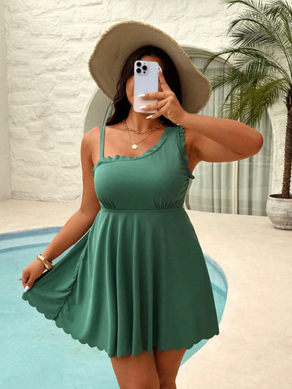 Swim Vcay Plus Size Women Solid Color Asymmetric Neck Fashionable Swimdress With Swimshorts