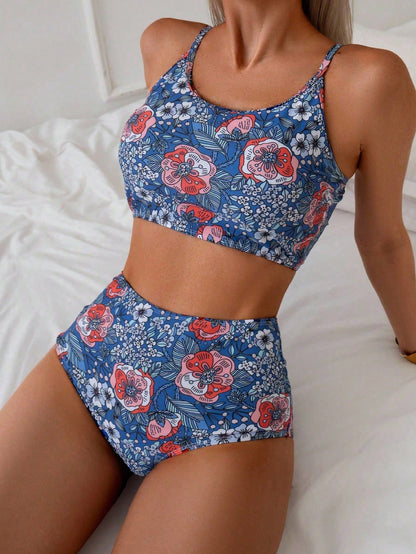 Swim Vcay Random Printed Tankini Set For Beach In Summer Vacation Two Pieces Sethigh Waisted Bikini Set