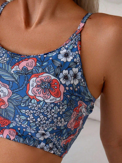 Swim Vcay Random Printed Tankini Set For Beach In Summer Vacation Two Pieces Sethigh Waisted Bikini Set