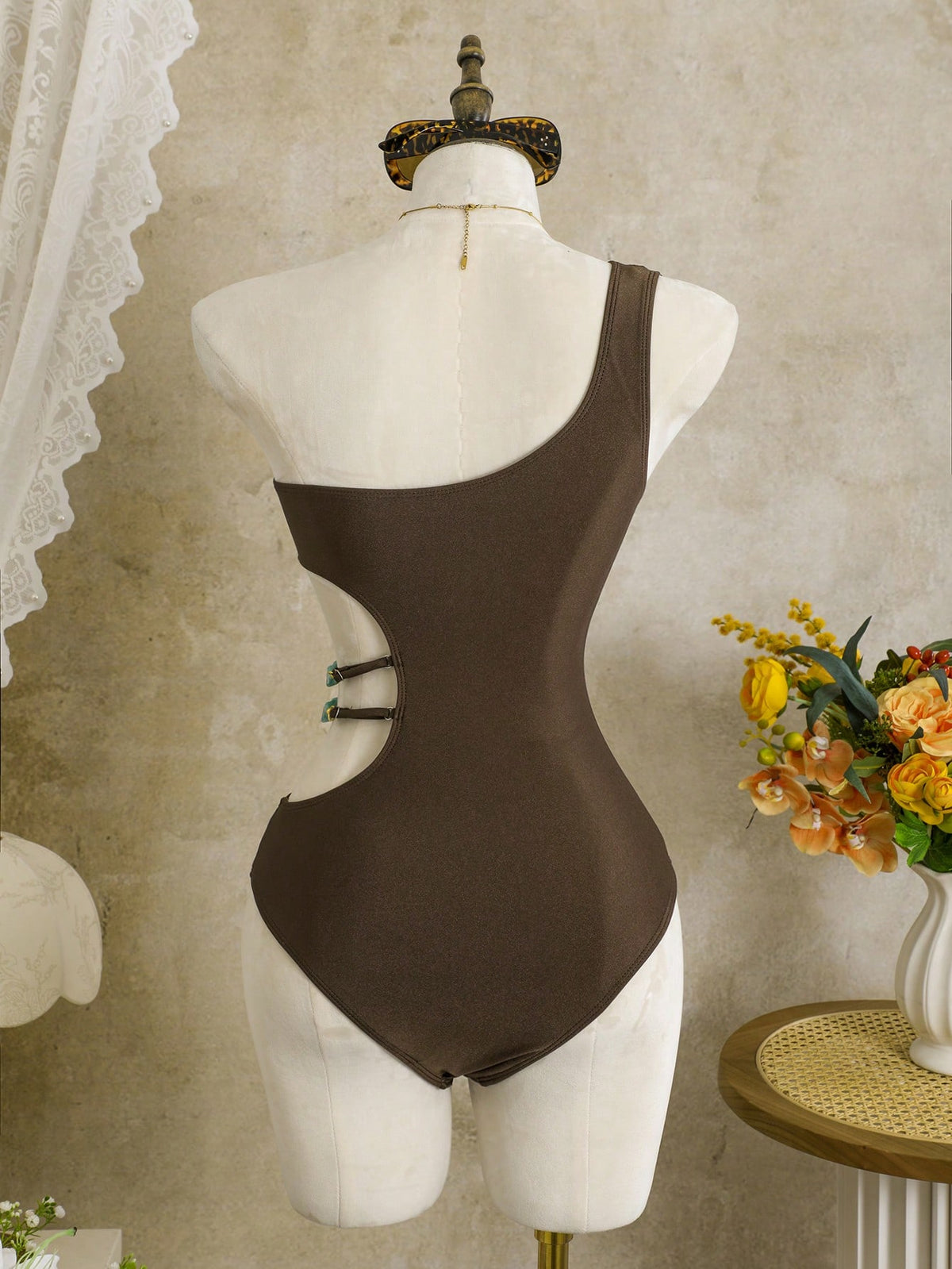 Swim Vcay Solid Color One-Piece Swimsuit, Strapless, Wireless, Elegant Beach Holiday Holiday Casual Style, Spring/Summer Brown