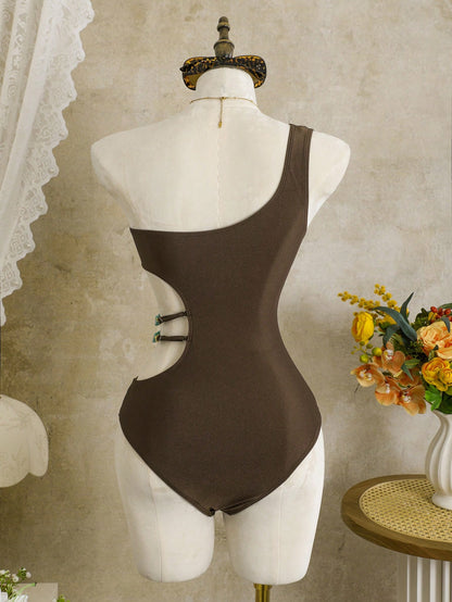 Swim Vcay Solid Color One-Piece Swimsuit, Strapless, Wireless, Elegant Beach Holiday Holiday Casual Style, Spring/Summer Brown