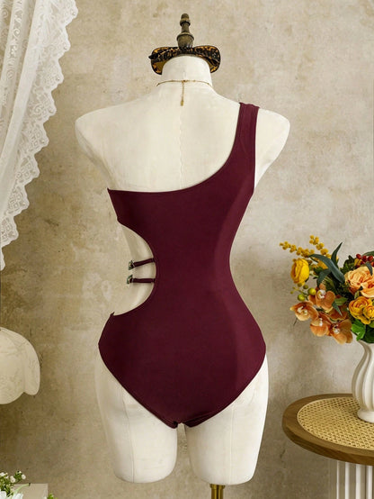 Swim Vcay Solid Color One-Piece Swimsuit, Strapless, Wireless, Elegant Beach Holiday Holiday Casual Style, Spring/Summer Brown