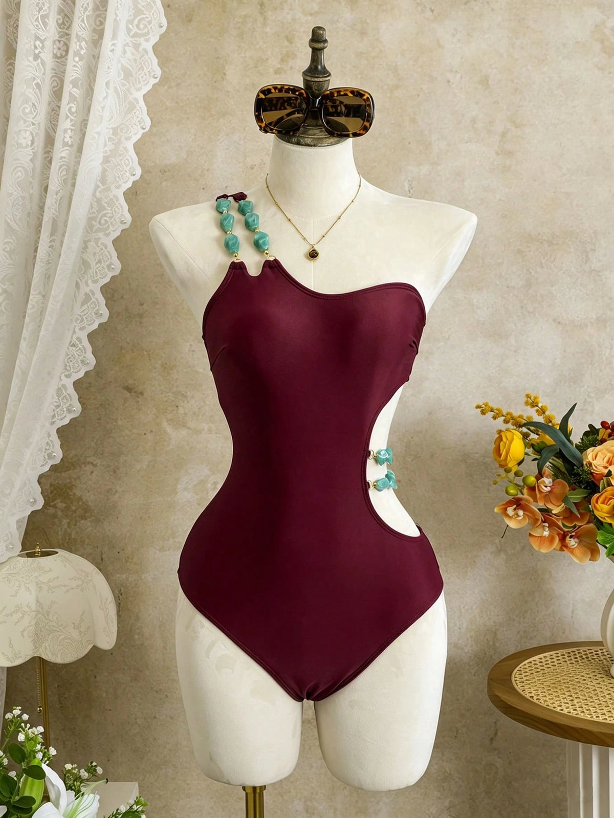 Swim Vcay Solid Color One-Piece Swimsuit, Strapless, Wireless, Elegant Beach Holiday Holiday Casual Style, Spring/Summer Brown