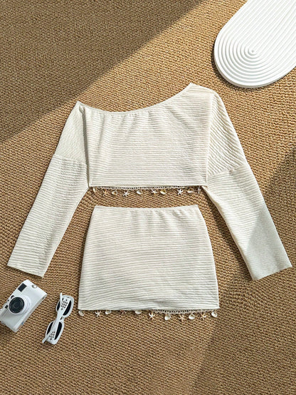 Swim Vcay Spring/Summer New Sequin Tassel Long Sleeve Jacquard Fabric Two-Piece Skirt Beach Cover-Up Set