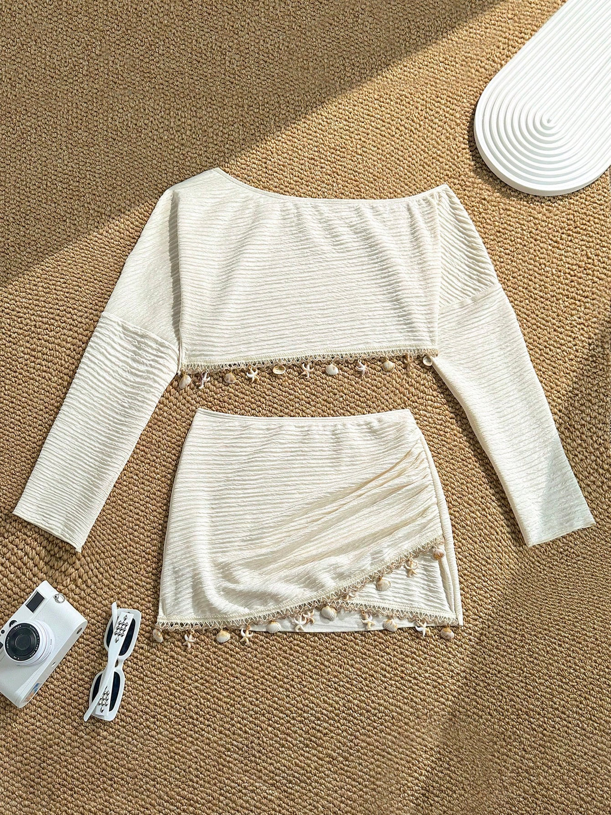Swim Vcay Spring/Summer New Sequin Tassel Long Sleeve Jacquard Fabric Two-Piece Skirt Beach Cover-Up Set