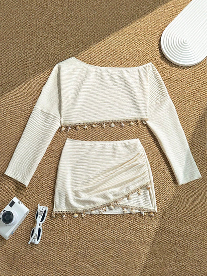 Swim Vcay Spring/Summer New Sequin Tassel Long Sleeve Jacquard Fabric Two-Piece Skirt Beach Cover-Up Set