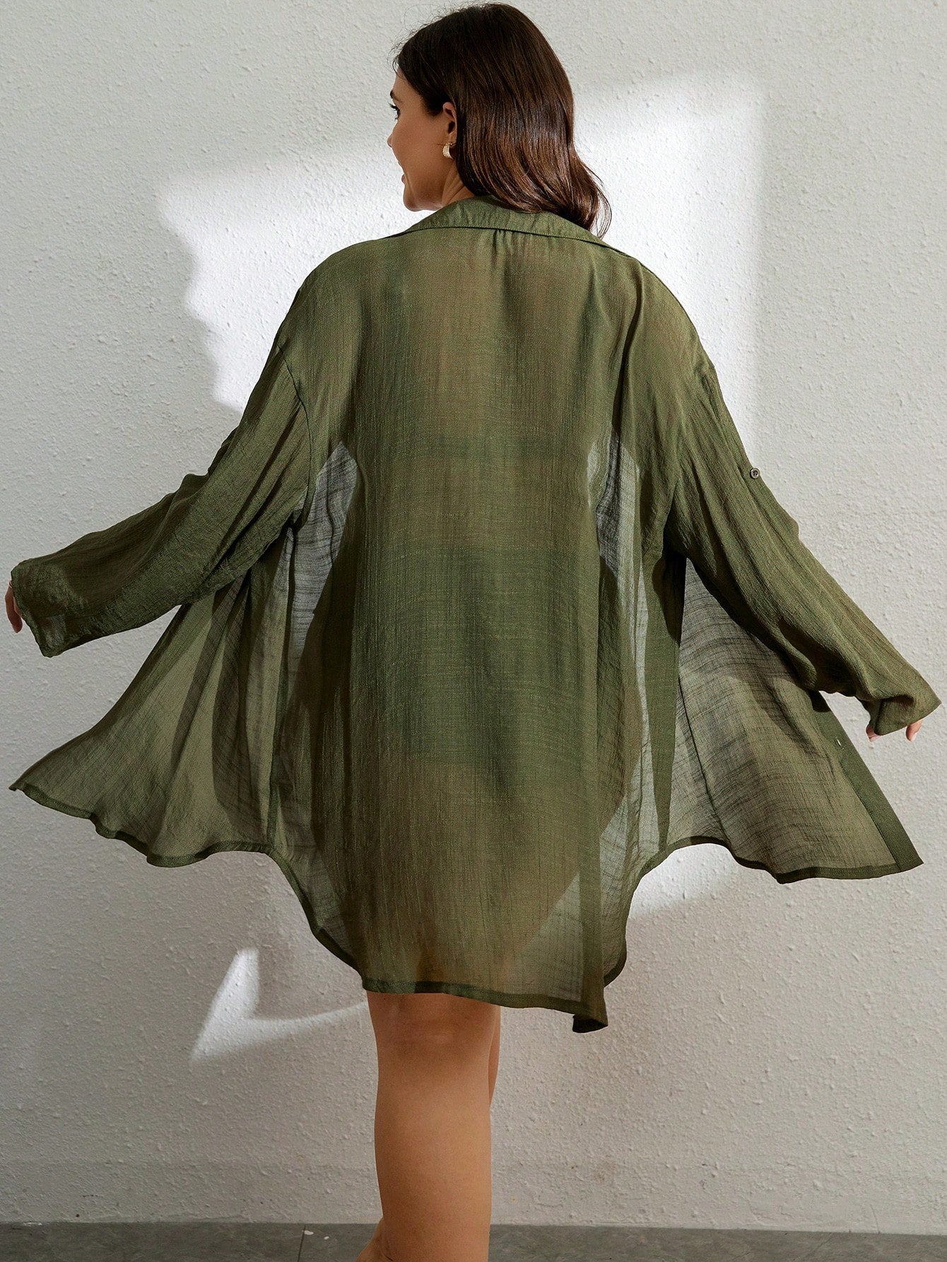 Swim Vcay Summer Beach Plus Drop Shoulder Pocket Patched Button Front Cover Up Without Bra
