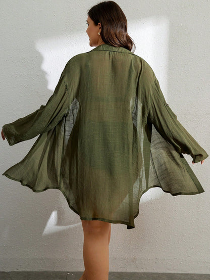 Swim Vcay Summer Beach Plus Drop Shoulder Pocket Patched Button Front Cover Up Without Bra