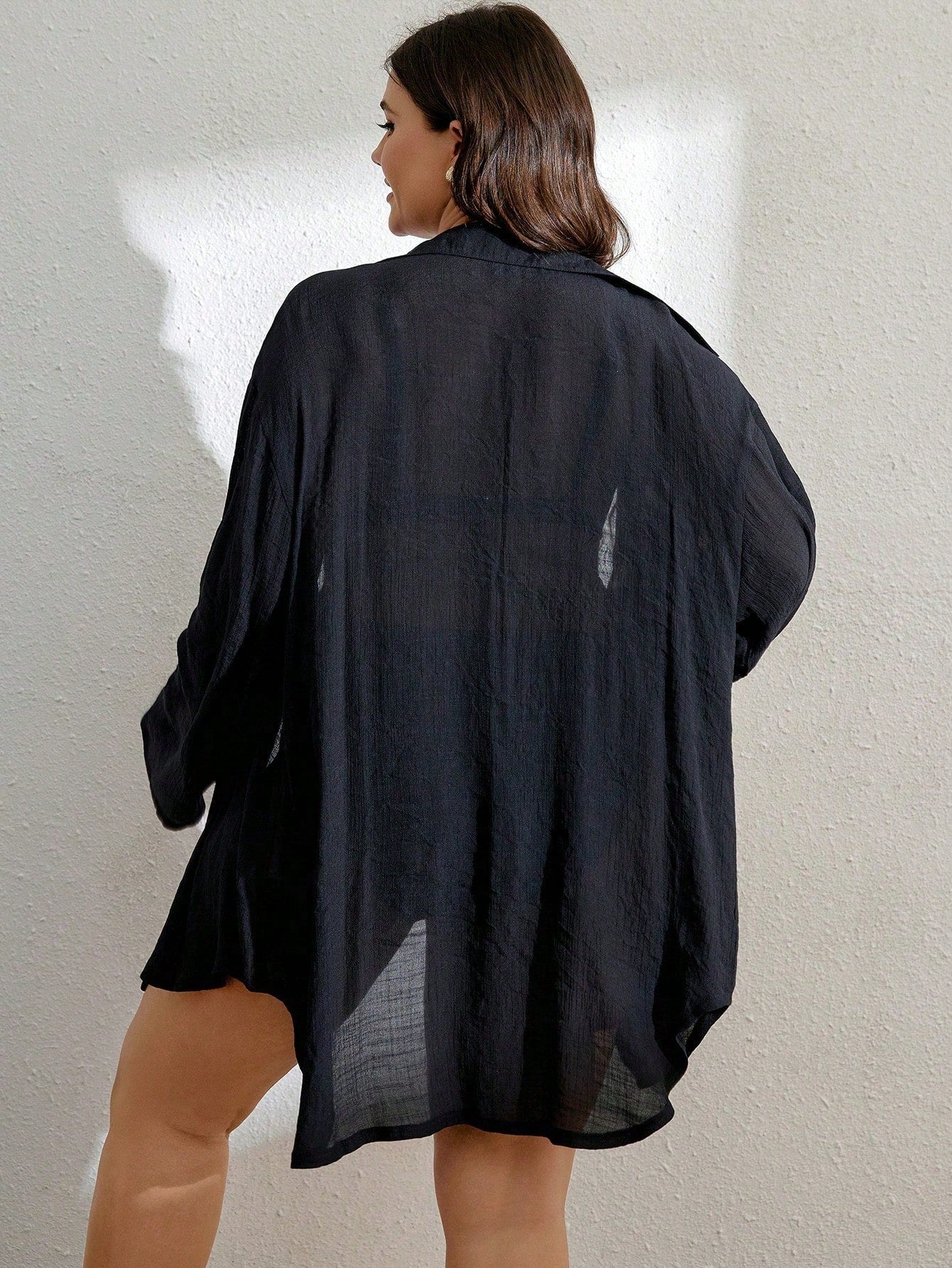 Swim Vcay Summer Beach Plus Drop Shoulder Pocket Patched Button Front Cover Up Without Bra