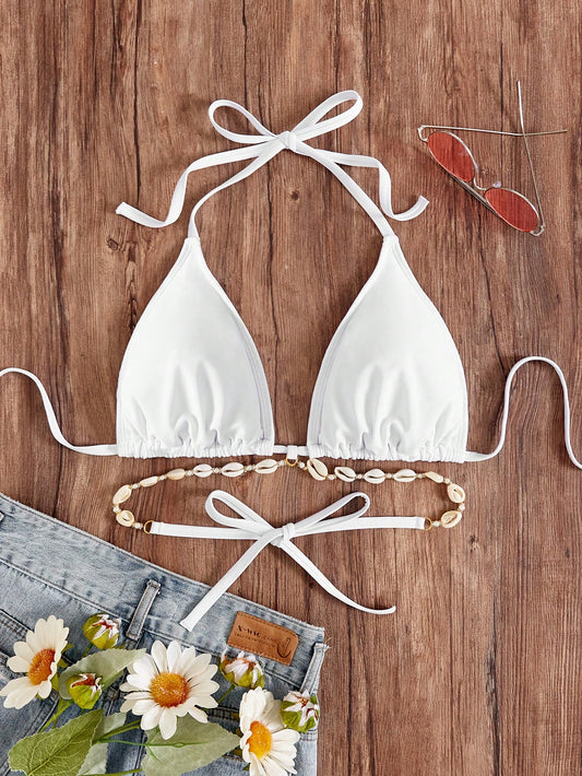 Swim Vcay Summer Beach Plus Size Halter Solid Color Bikini Top For Beach And Swimming
