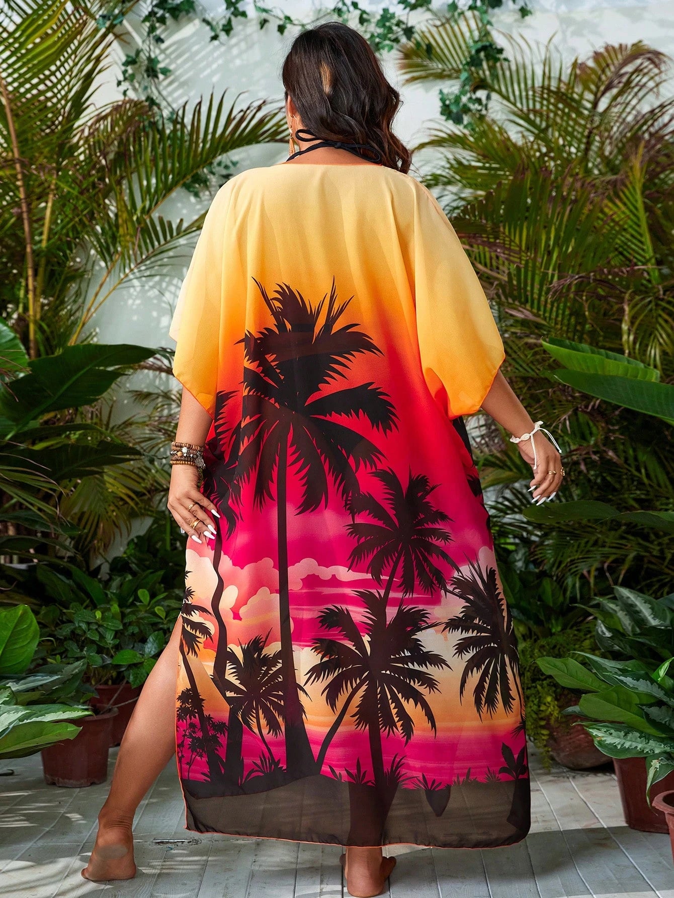 Swim Vcay Summer Beach Plus Size Ombre Coconut Tree Print Cover Up