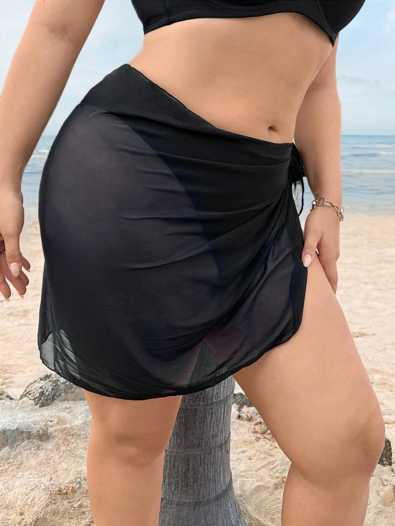 Swim Vcay Summer Beach Plus Solid Sheer Wrap Knot Side Cover Up Skirt Without Bikini Bottom