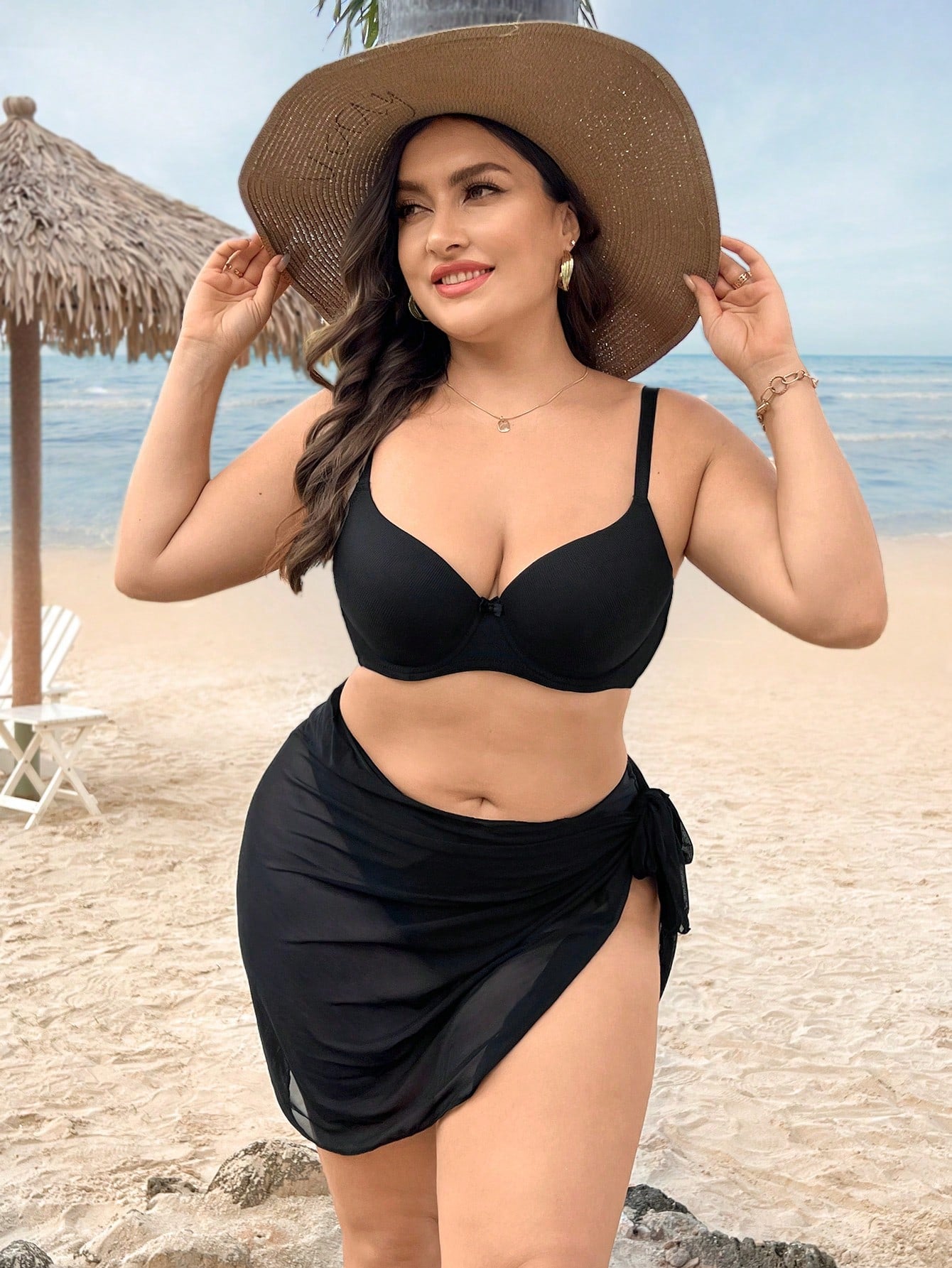 Swim Vcay Summer Beach Plus Solid Sheer Wrap Knot Side Cover Up Skirt Without Bikini Bottom