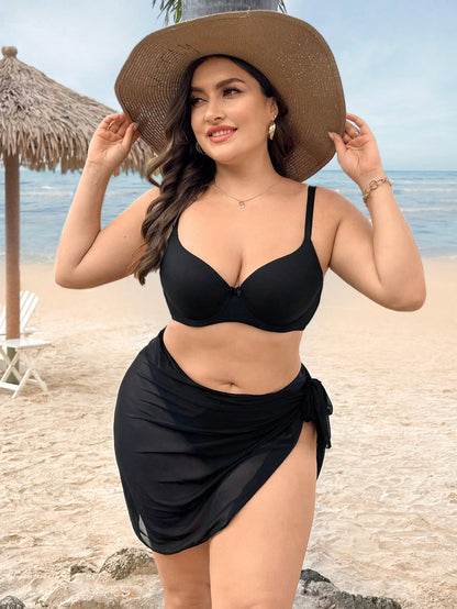 Swim Vcay Summer Beach Plus Solid Sheer Wrap Knot Side Cover Up Skirt Without Bikini Bottom