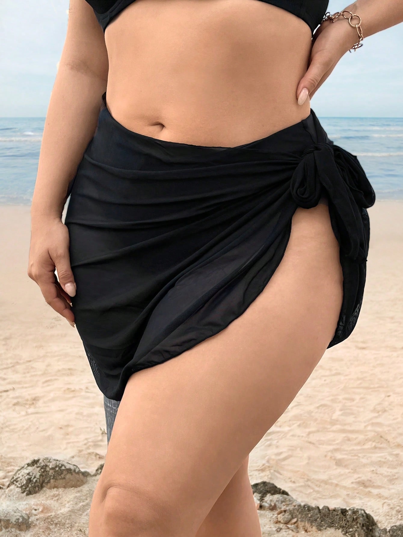 Swim Vcay Summer Beach Plus Solid Sheer Wrap Knot Side Cover Up Skirt Without Bikini Bottom