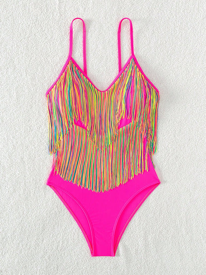Swim Vcay Summer Beach Striped Fringe Hem One Piece Swimsuit