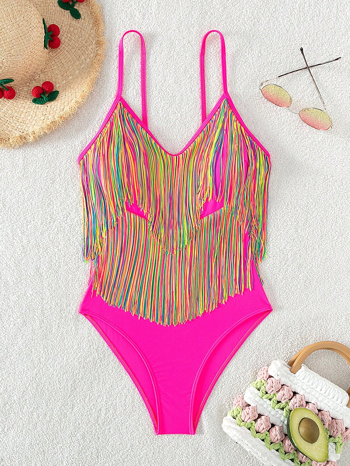 Swim Vcay Summer Beach Striped Fringe Hem One Piece Swimsuit