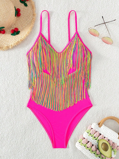 Swim Vcay Summer Beach Striped Fringe Hem One Piece Swimsuit
