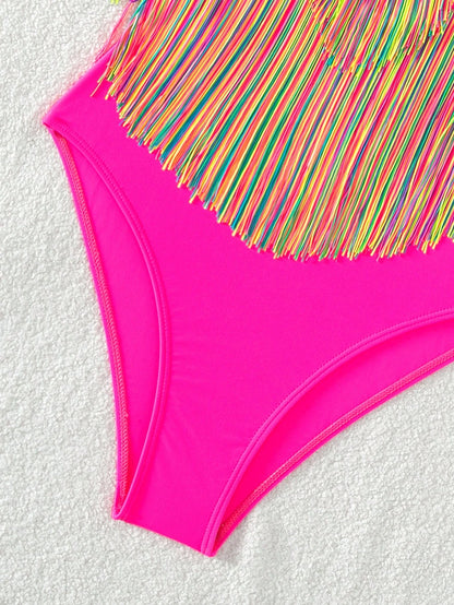 Swim Vcay Summer Beach Striped Fringe Hem One Piece Swimsuit
