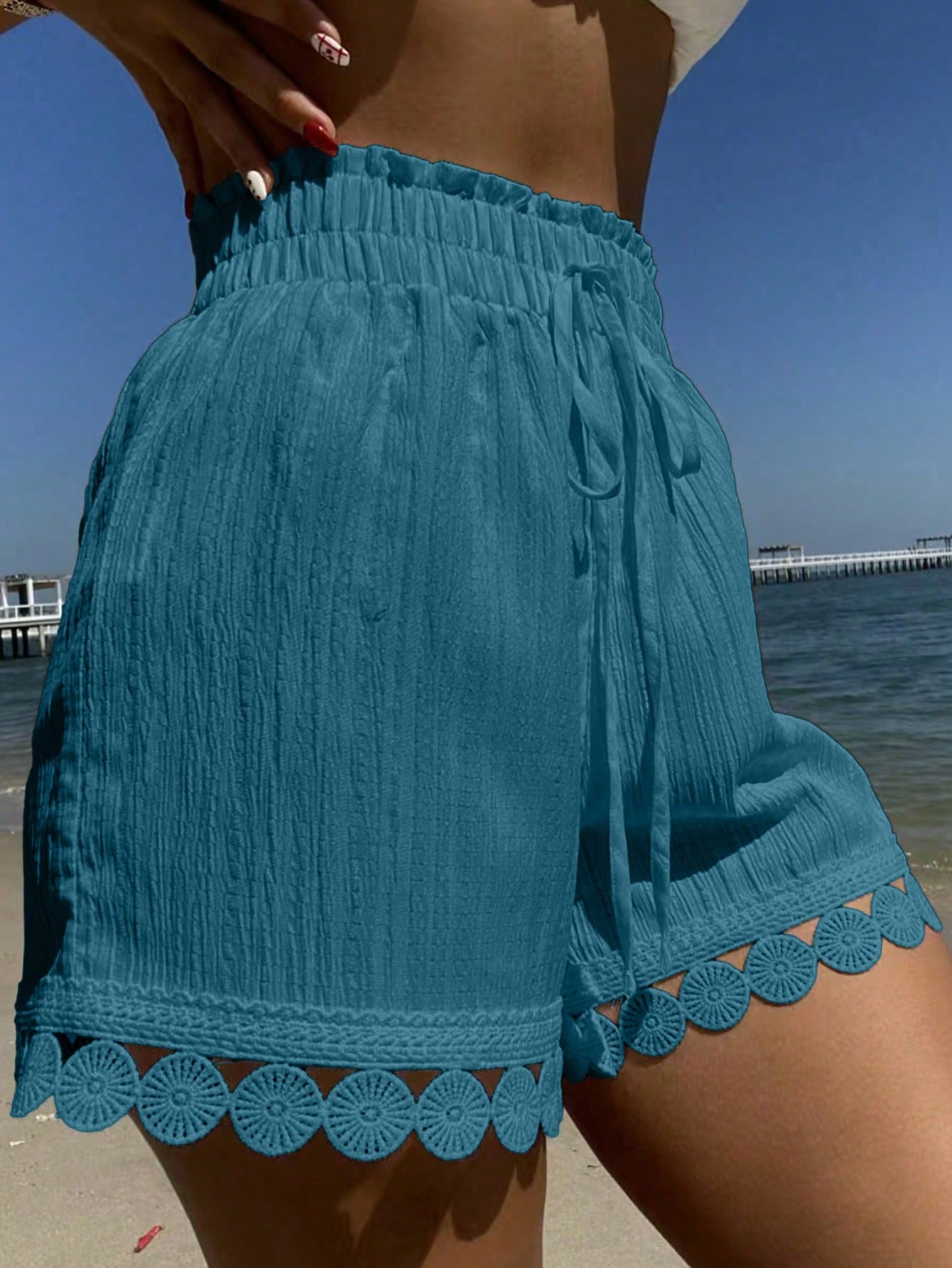 Swim Vcay Summer Clothes 1 PiecesWomen Beach Vacation Outfits: Lace Trim Tie Waist Cover Up, Swimsuit Top, Shorts