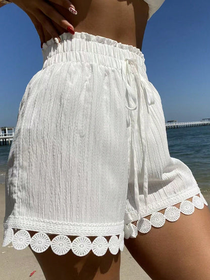 Swim Vcay Summer Clothes 1 PiecesWomen Beach Vacation Outfits: Lace Trim Tie Waist Cover Up, Swimsuit Top, Shorts