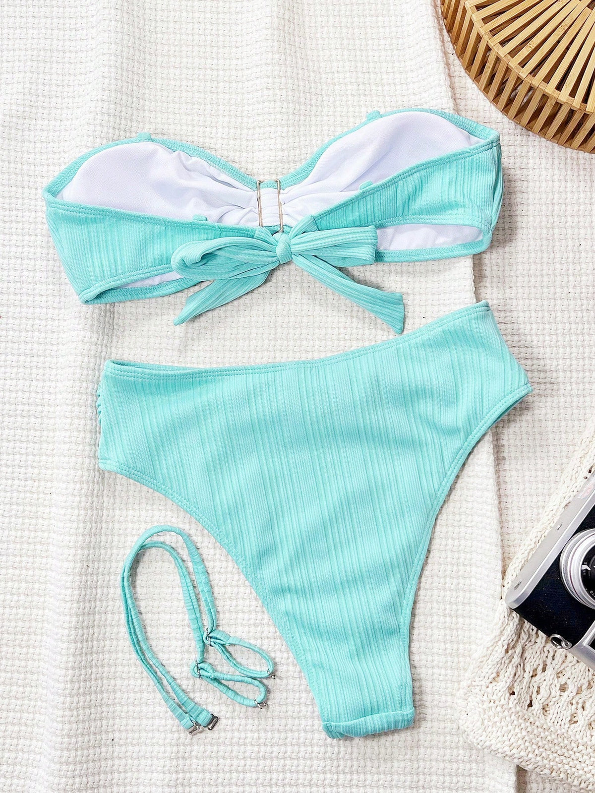 Swim Vcay Turquoise Summer Casual Holiday Vacation Beach Bikini Set,Solid Color Jacquard Fabric Bandeau Backless Metal Shell Decor High Waisted Shorts Bikini