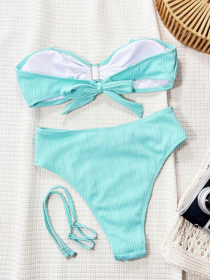 Swim Vcay Turquoise Summer Casual Holiday Vacation Beach Bikini Set,Solid Color Jacquard Fabric Bandeau Backless Metal Shell Decor High Waisted Shorts Bikini