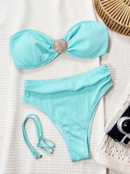Swim Vcay Turquoise Summer Casual Holiday Vacation Beach Bikini Set,Solid Color Jacquard Fabric Bandeau Backless Metal Shell Decor High Waisted Shorts Bikini