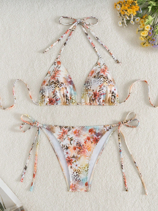 Swim Vcay Vacation Beach Leopard & Floral Print Bikini Swimwear For Summer Beach Vacation