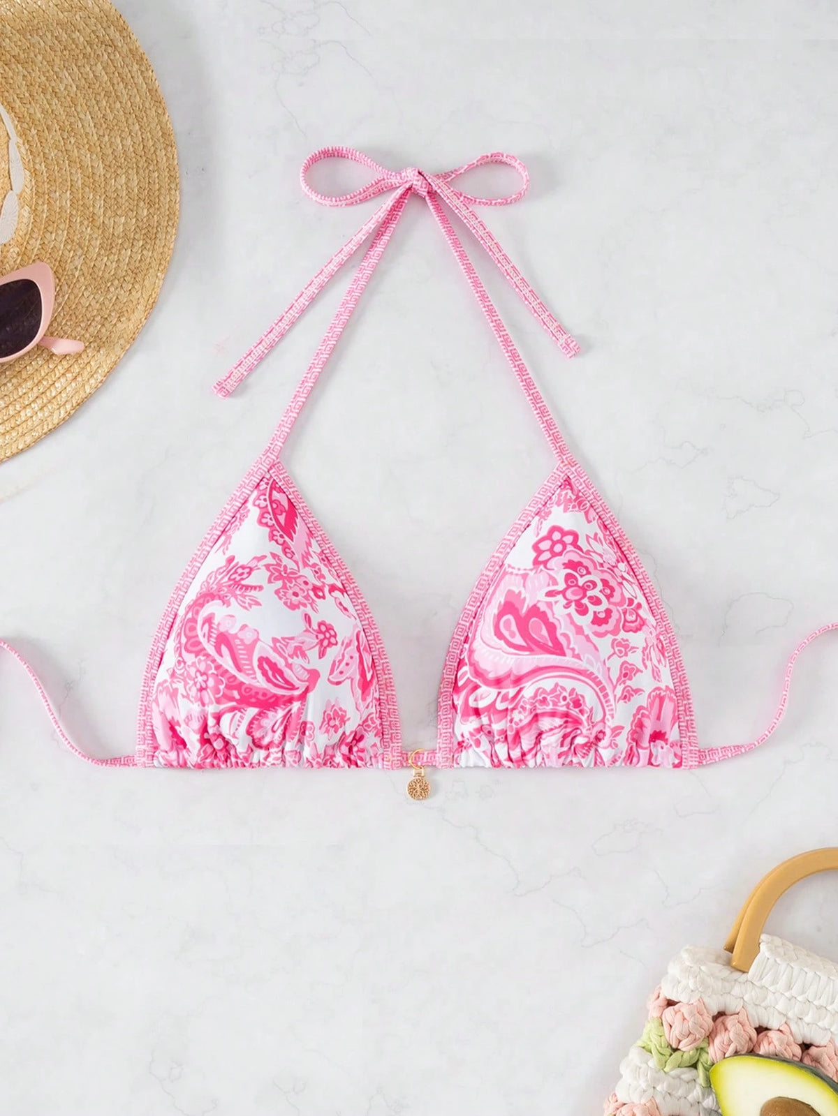 Swim Vcay VCAY Women Random Print Halter Neck Triangle Halter Beach Top For Summer Beach Vacation