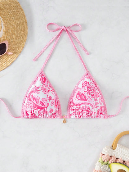 Swim Vcay VCAY Women Random Print Halter Neck Triangle Halter Beach Top For Summer Beach Vacation