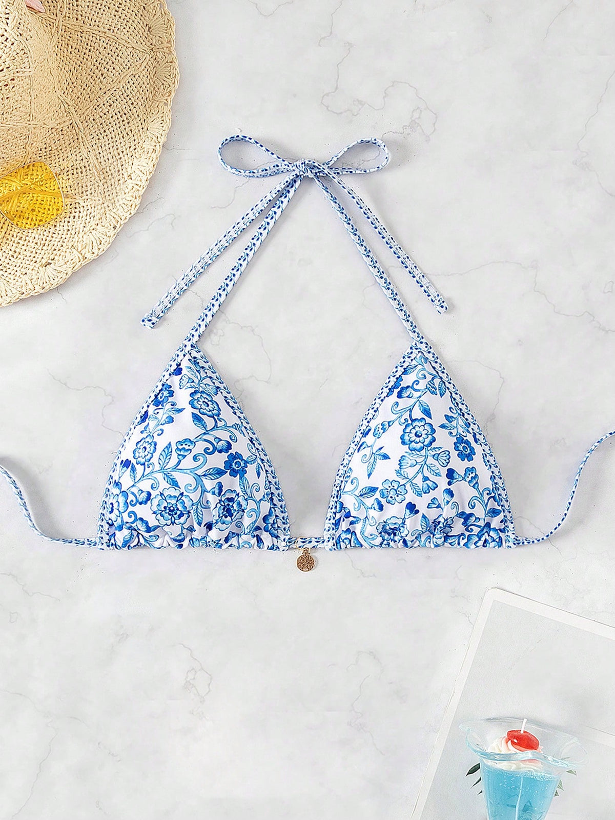 Swim Vcay VCAY Women Random Print Halter Neck Triangle Halter Beach Top For Summer Beach Vacation