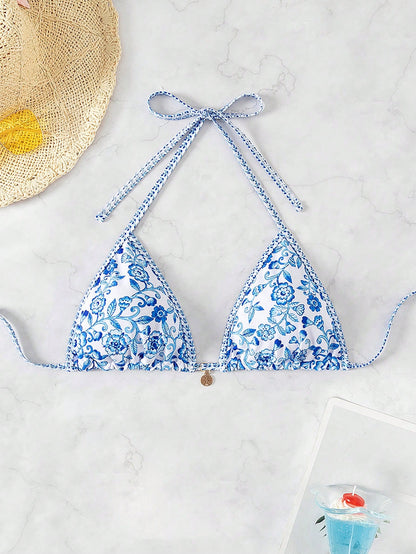 Swim Vcay VCAY Women Random Print Halter Neck Triangle Halter Beach Top For Summer Beach Vacation