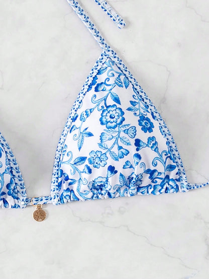 Swim Vcay VCAY Women Random Print Halter Neck Triangle Halter Beach Top For Summer Beach Vacation