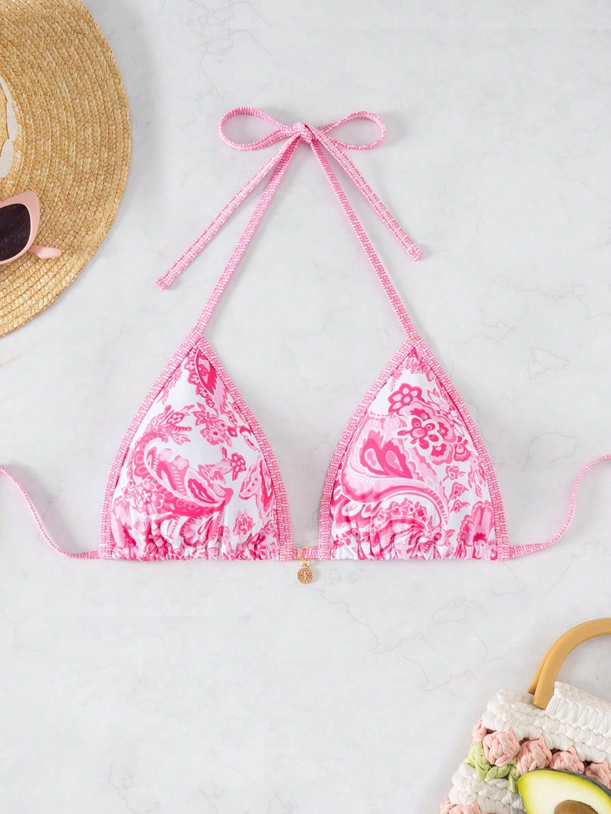 Swim Vcay VCAY Women Random Print Halter Neck Triangle Halter Beach Top For Summer Beach Vacation
