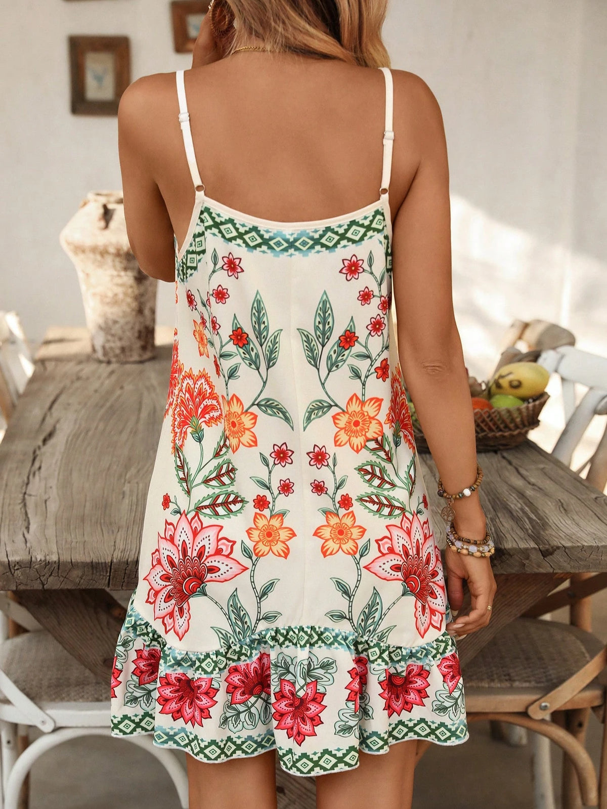 Swim Vcay Women's Adjustable Strap Bohemian Printed Patchwork Asymmetric Ruffle Hem Beach Cover Up Dress, Summer