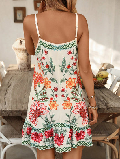 Swim Vcay Women's Adjustable Strap Bohemian Printed Patchwork Asymmetric Ruffle Hem Beach Cover Up Dress, Summer