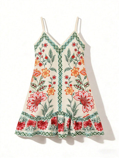 Swim Vcay Women's Adjustable Strap Bohemian Printed Patchwork Asymmetric Ruffle Hem Beach Cover Up Dress, Summer