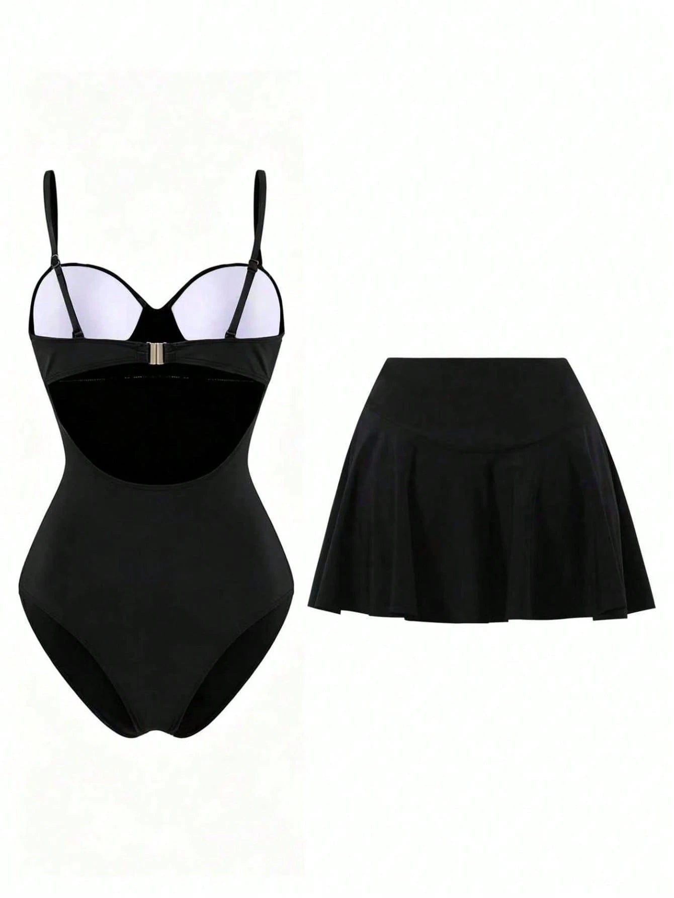 Swim Vcay Women's Casual Vacation Beach Party Elegant Black & White Polka Dot One-Piece Swimsuit With Black Skirt, Summer New Style