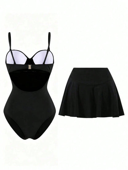 Swim Vcay Women's Casual Vacation Beach Party Elegant Black & White Polka Dot One-Piece Swimsuit With Black Skirt, Summer New Style