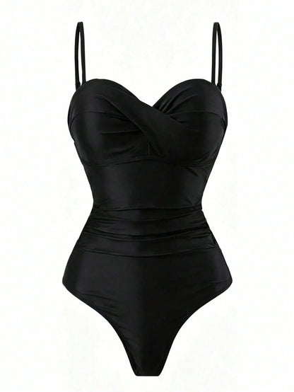 Swim Vcay Women's Casual Vacation Beach Party Elegant Black & White Polka Dot One-Piece Swimsuit With Black Skirt, Summer New Style