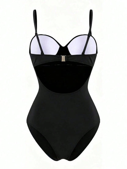 Swim Vcay Women's Casual Vacation Beach Party Elegant Black & White Polka Dot One-Piece Swimsuit With Black Skirt, Summer New Style
