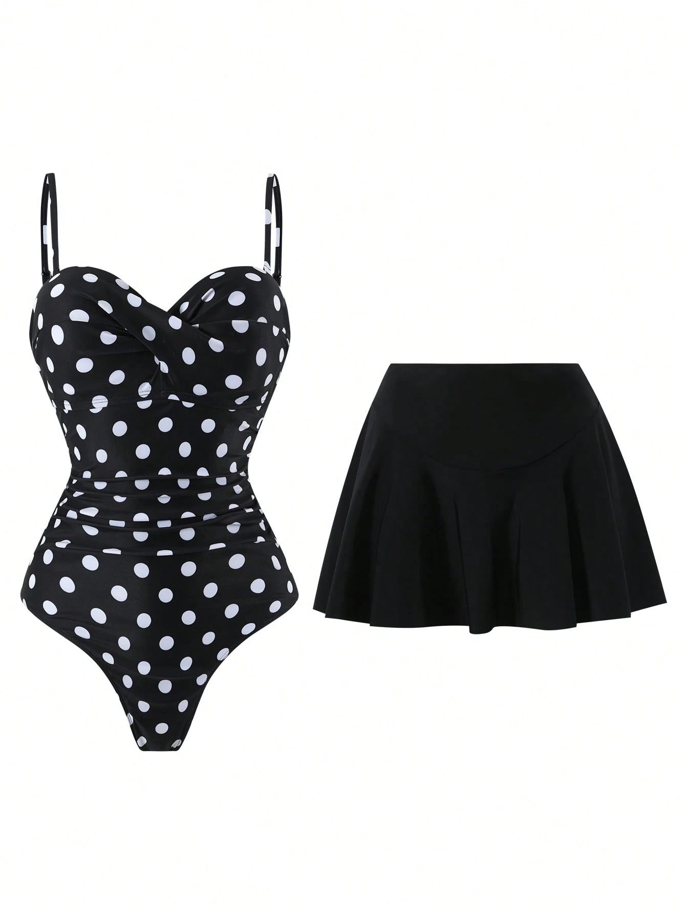 Swim Vcay Women's Casual Vacation Beach Party Elegant Black & White Polka Dot One-Piece Swimsuit With Black Skirt, Summer New Style