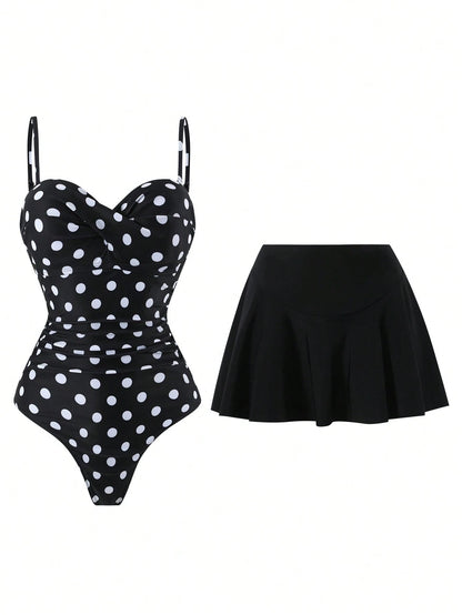 Swim Vcay Women's Casual Vacation Beach Party Elegant Black & White Polka Dot One-Piece Swimsuit With Black Skirt, Summer New Style