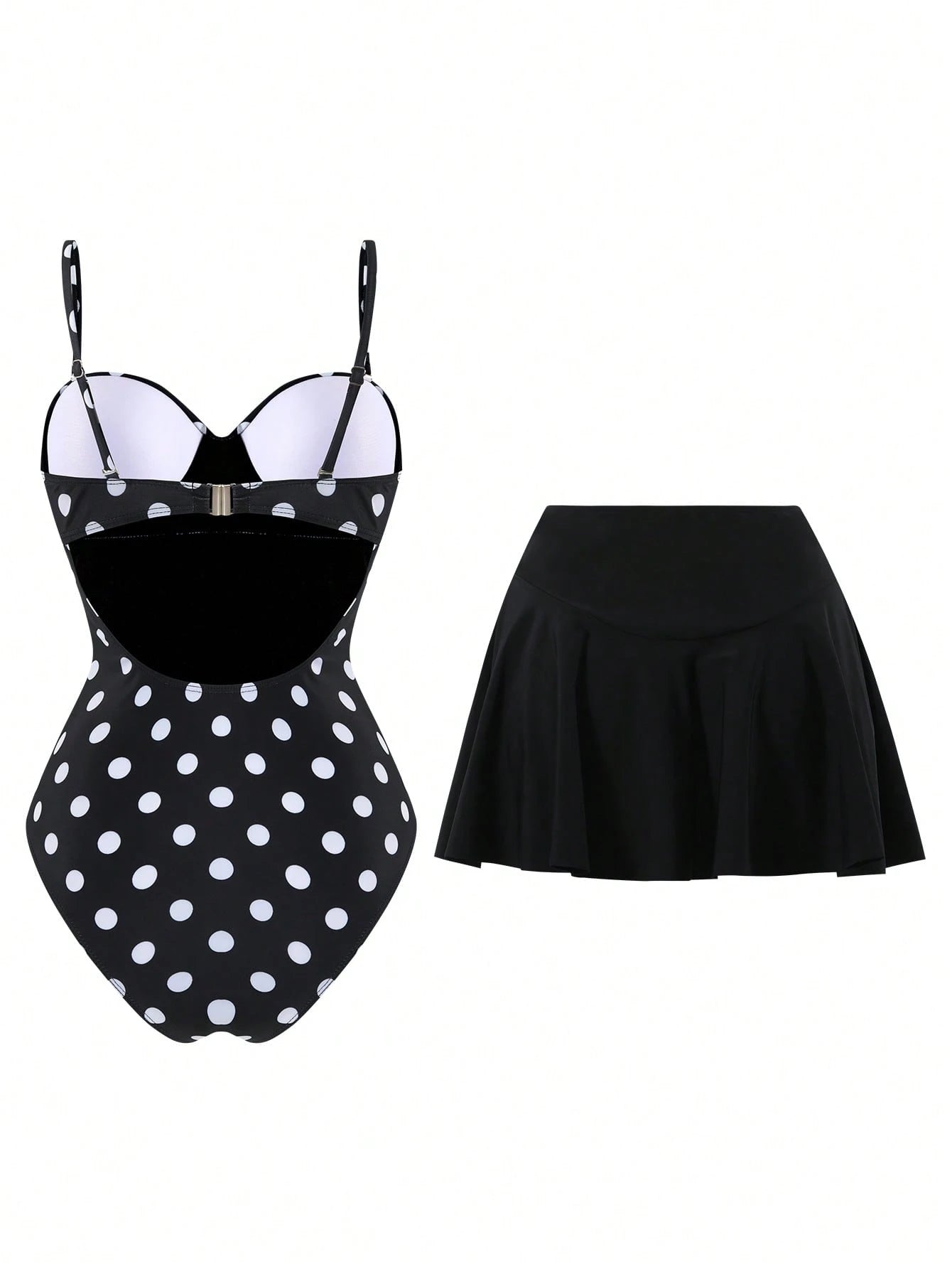 Swim Vcay Women's Casual Vacation Beach Party Elegant Black & White Polka Dot One-Piece Swimsuit With Black Skirt, Summer New Style