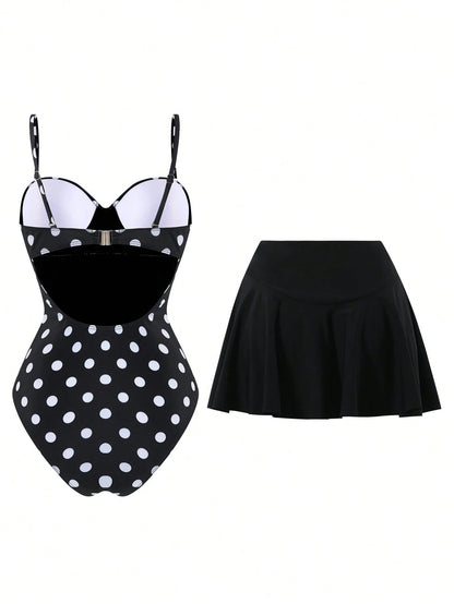 Swim Vcay Women's Casual Vacation Beach Party Elegant Black & White Polka Dot One-Piece Swimsuit With Black Skirt, Summer New Style