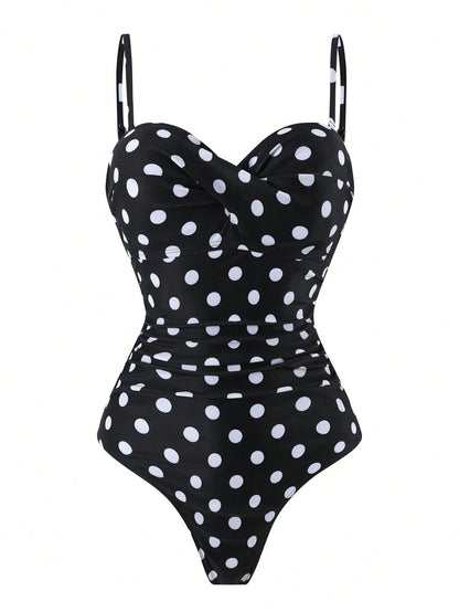 Swim Vcay Women's Casual Vacation Beach Party Elegant Black & White Polka Dot One-Piece Swimsuit With Black Skirt, Summer New Style