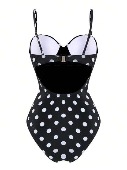 Swim Vcay Women's Casual Vacation Beach Party Elegant Black & White Polka Dot One-Piece Swimsuit With Black Skirt, Summer New Style