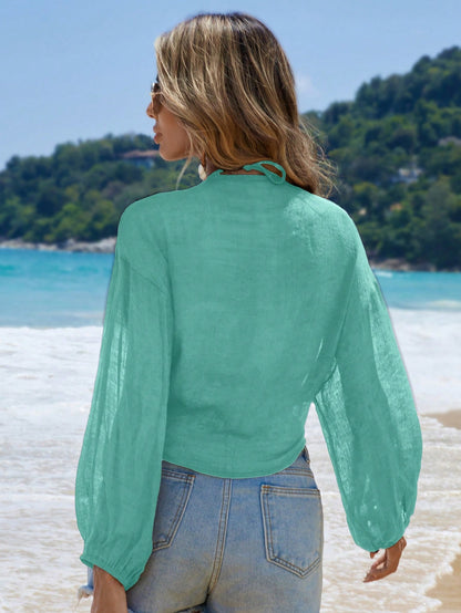 Swim Vcay Women's Crop Kimono Cover Up With Lantern Sleeves For Vacation, One-Size,Summer Beach